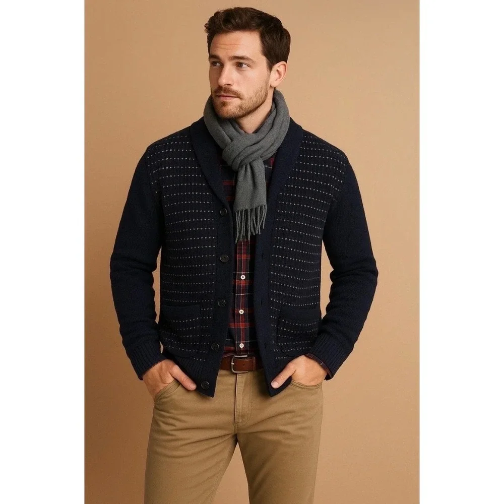 J Crew Mens Navy Lambswool Shawl‎ Collar Cardigan Sweater Size L Heritage Preppy
